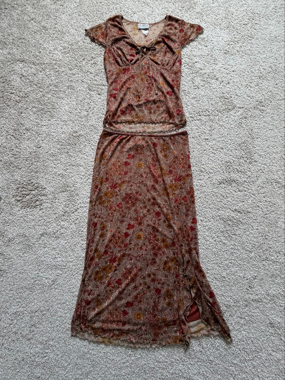 La Belle Y2K Floral Mesh 2 Piece Top Maxi Skirt Set XL Boho Whimsygoth